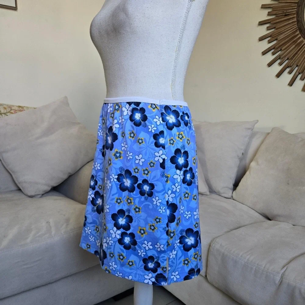 Vtg y2k Anchor Blue Floral Mini Skirt Stretchy Floral Beach Blue Hibiscus Womens